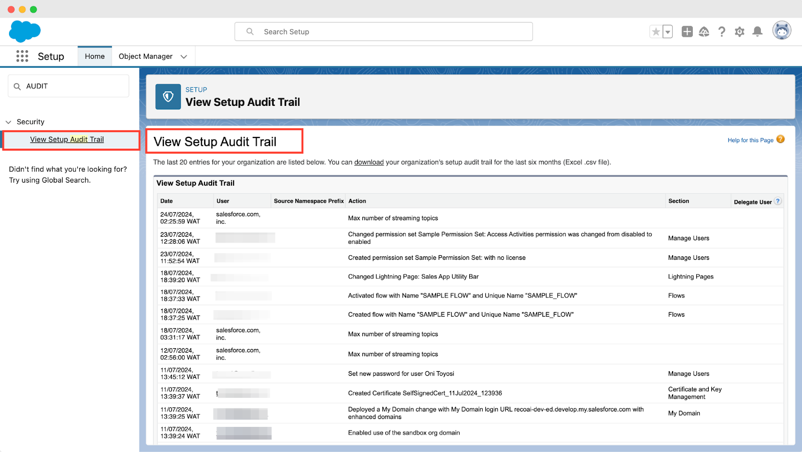 Audit Trail setup in Salesforce