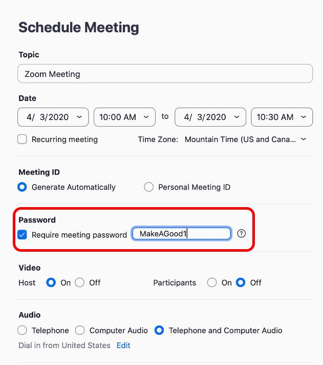 Zoom meeting scheduling screen with the “Require meeting password” option selected and a custom password entered.