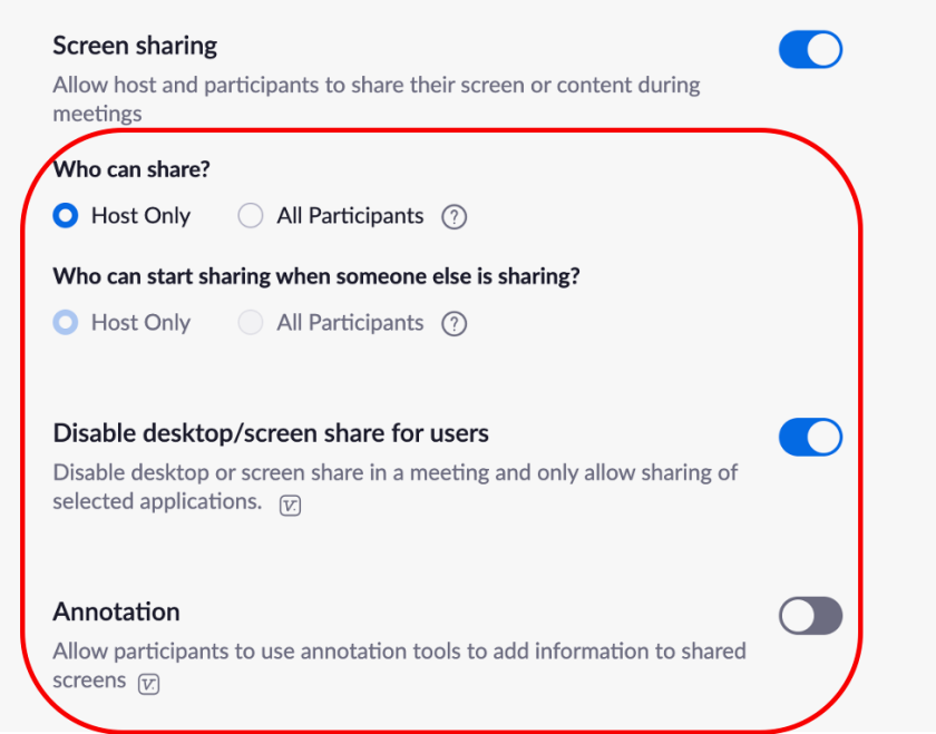 Settings to define who can share the screen of the Zoom call.