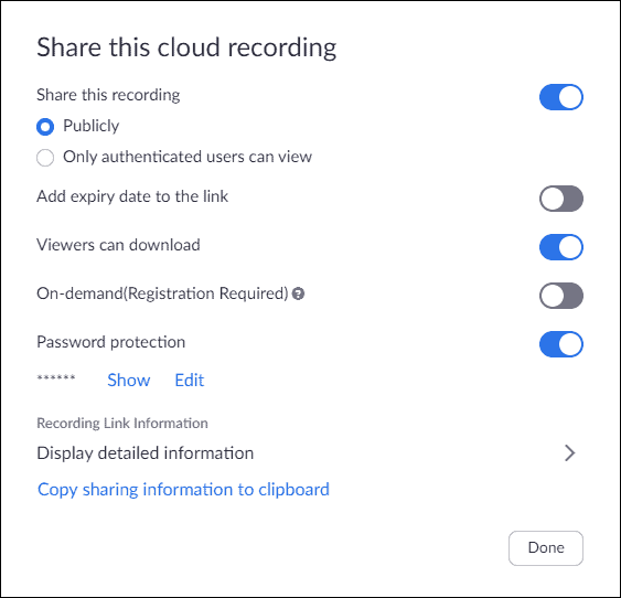Zoom cloud recording settings screen showing sharing options like viewer access, download permission, and password protection.