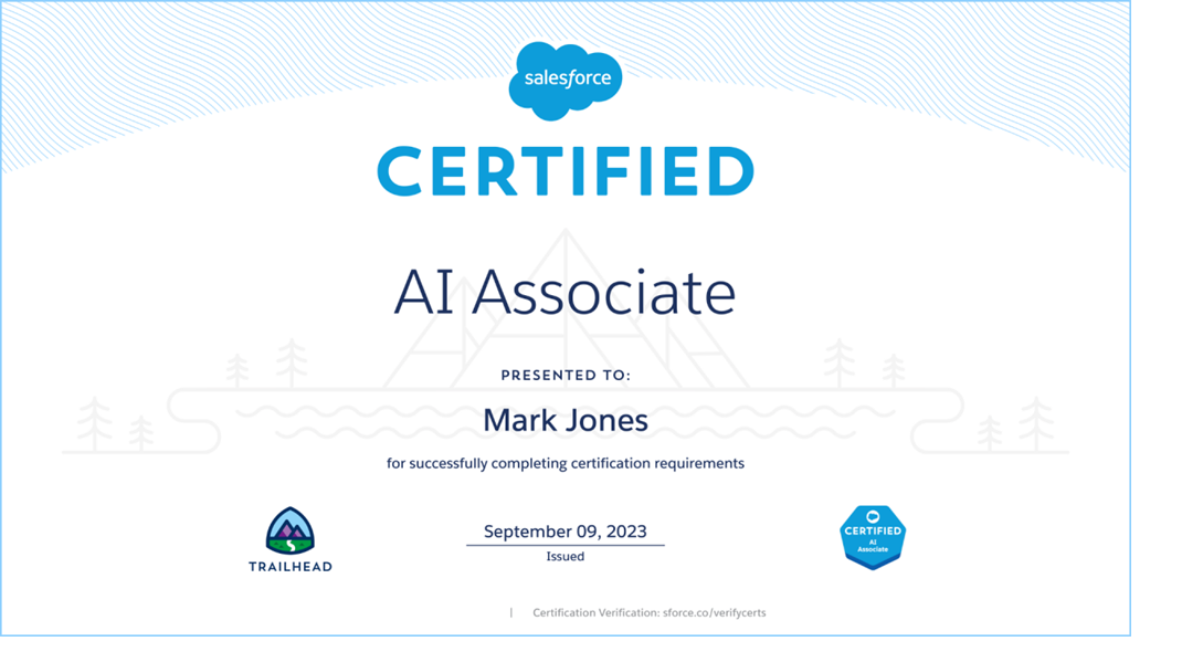 Sample image of a Salesforce AI Associate certification certificate.