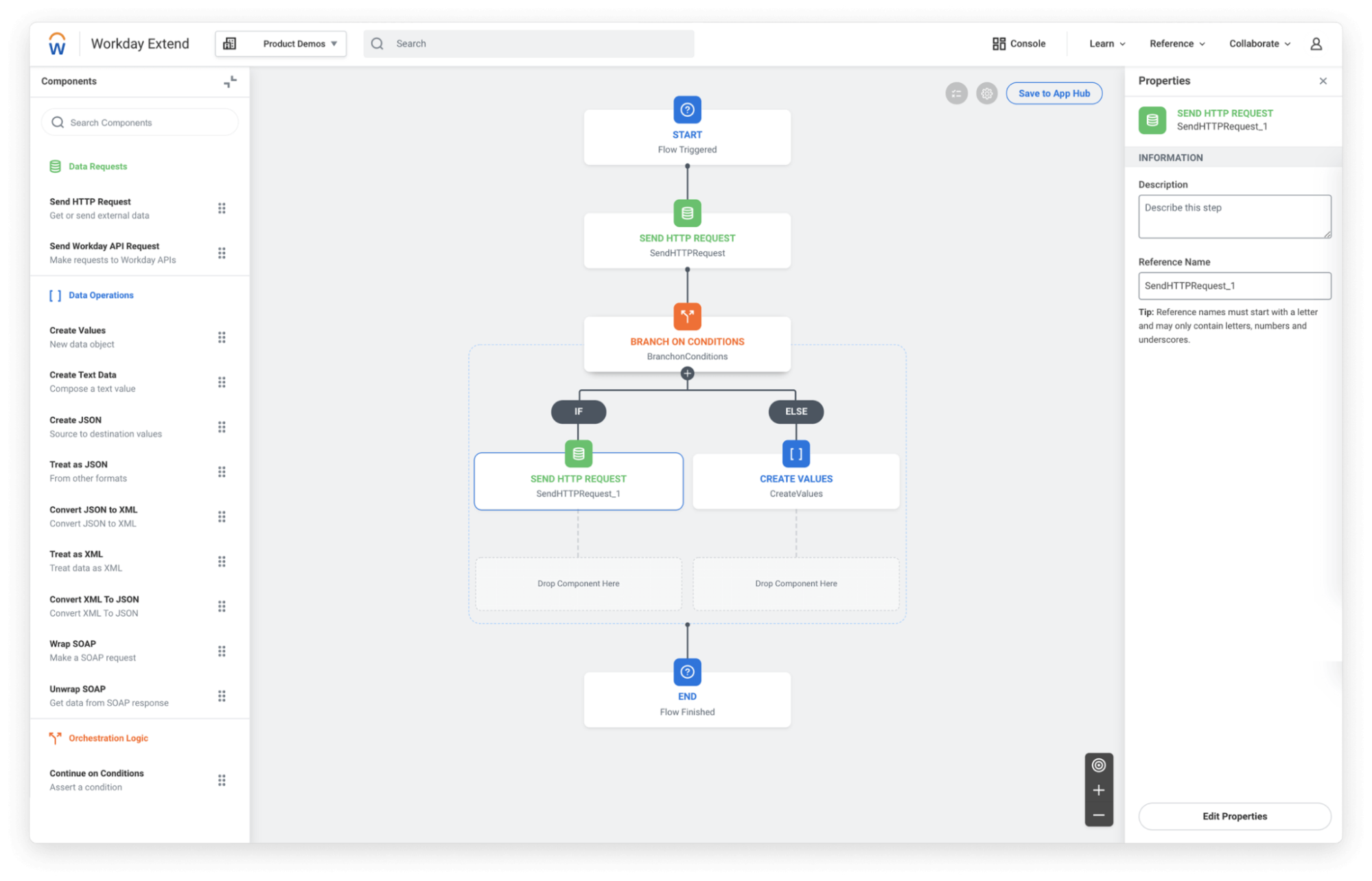 Workday Orchestrate’s drag‑and‑drop workflow canvas.