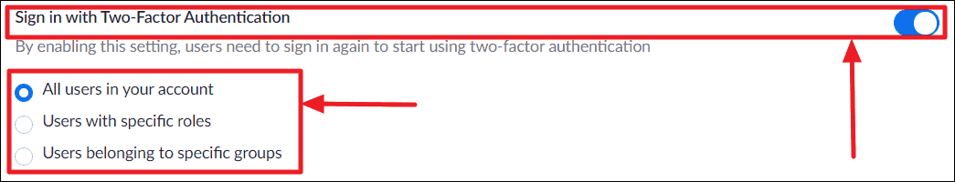 Zoom admin settings with Two-Factor Authentication enabled for all users.