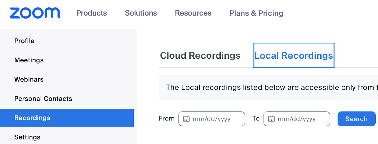 Zoom admin panel with the "Recordings" menu selected and "Local Recordings" tab open.