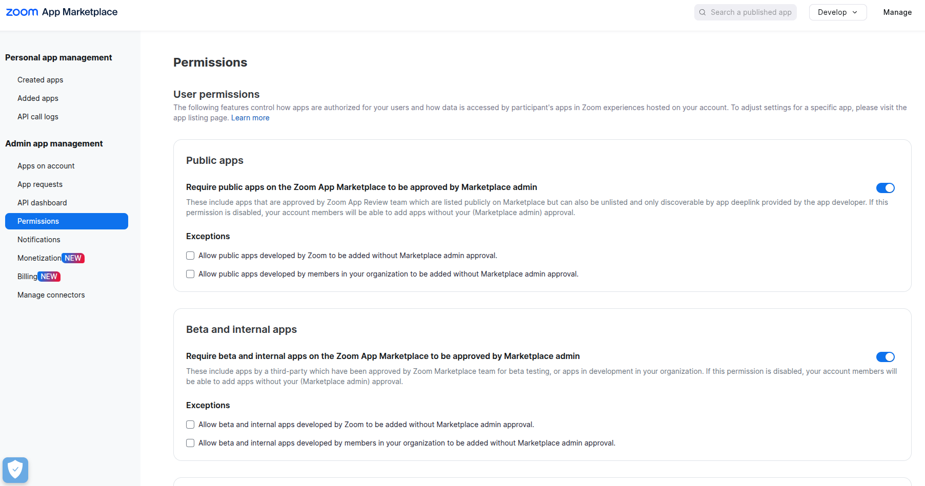 Zoom App Marketplace permissions for public and beta/internal apps, showing options for admin approval.