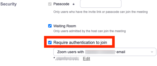 Meeting security settings, including options to require authentication to join for specific Zoom users.