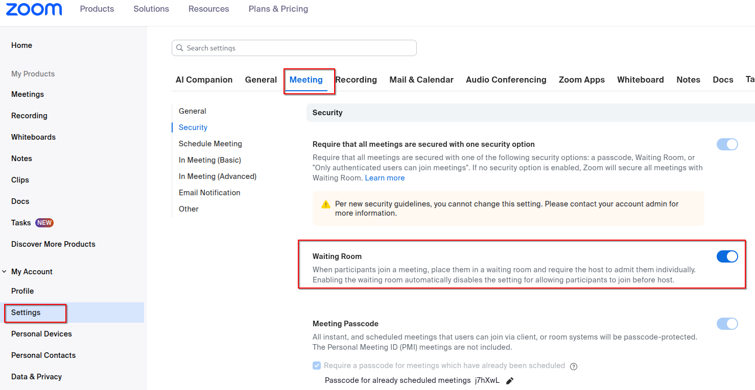 Zoom account settings for enabling a Waiting Room.