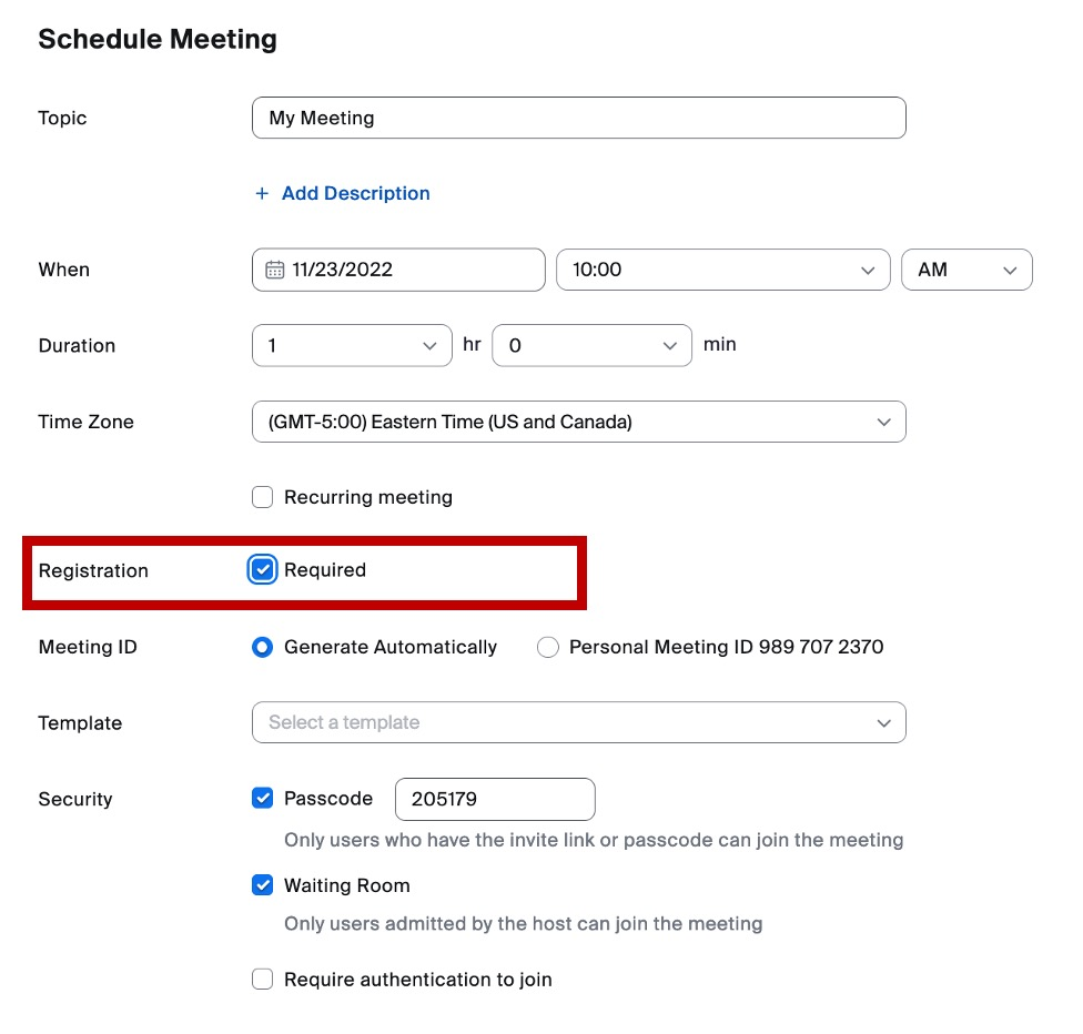Meeting scheduling interface in Zoom with the "Registration: Required" option checked.