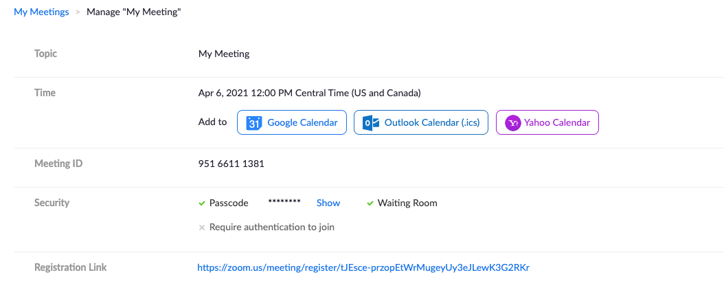 Meeting summary showing the generated registration link.