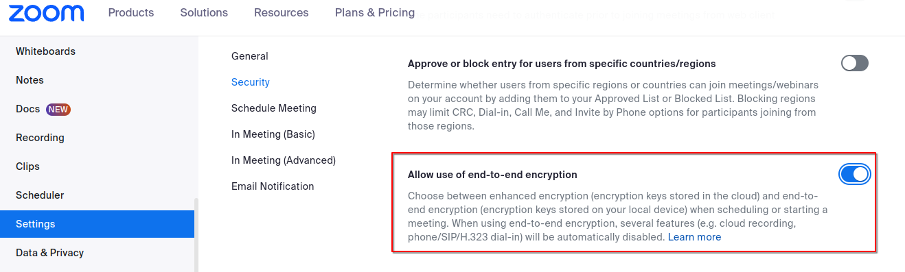 End-to-End Encryption (E2EE) setting in Zoom.