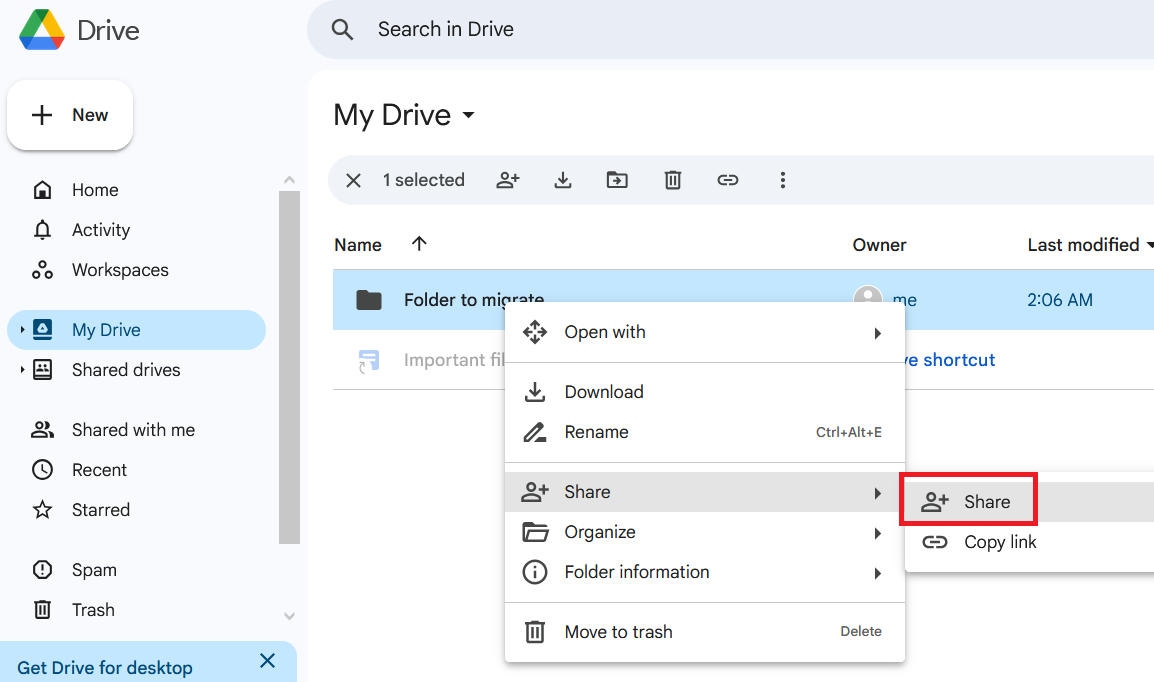 Google Drive with one folder right-clicked and the Share option selected from the menu.