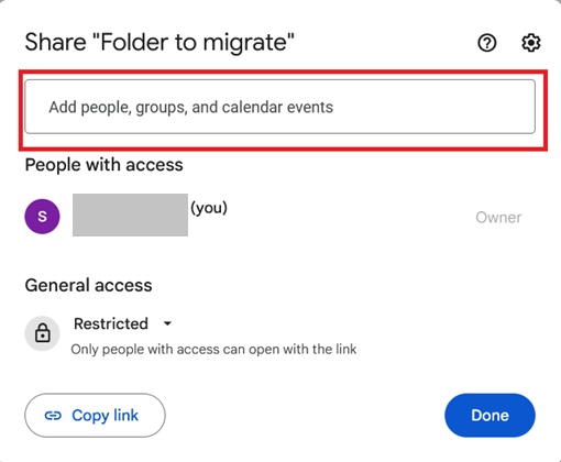 First page of the sharing wizard of Google Drive. 