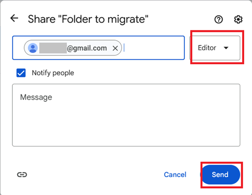 Google Drive sharing settings with Editor permission selected and Send button visible.