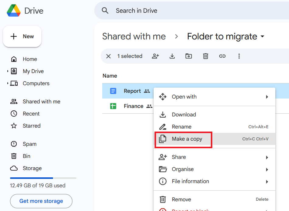 Google Drive interface with a file right-clicked, and the Make a copy option highlighted in the context menu.