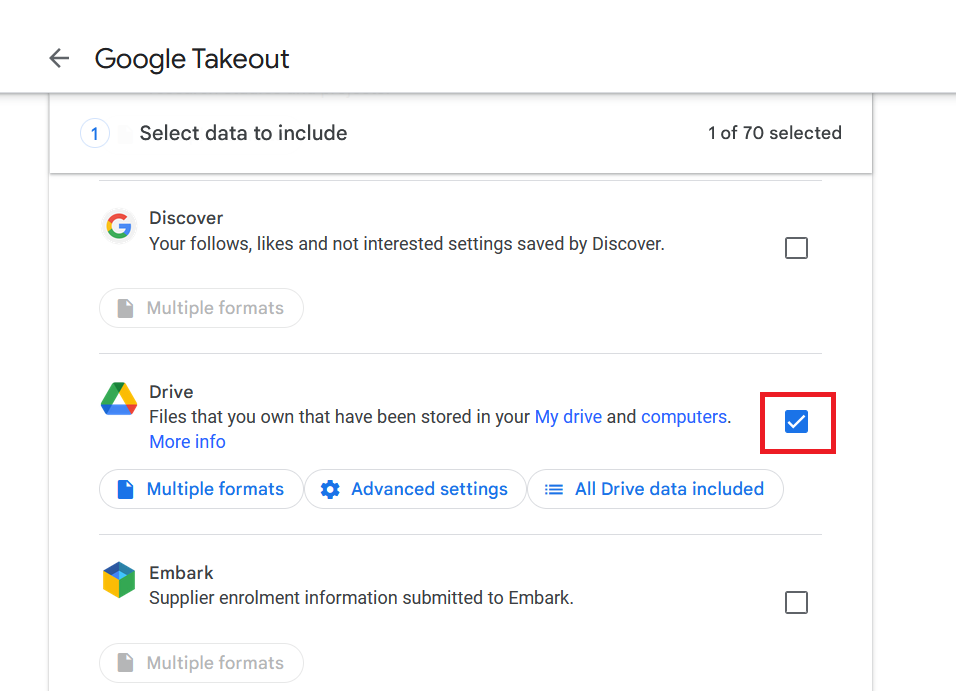 The first step of the Google Takeout tool with the Drive option selected.