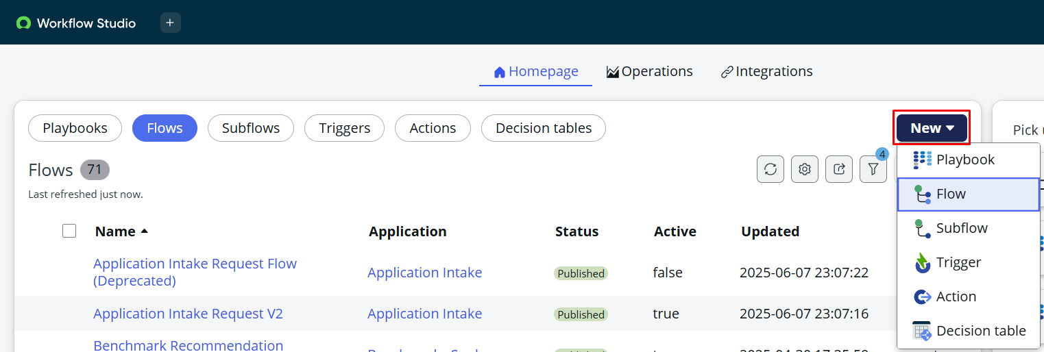 ServiceNow Flow Designer interface with the “New” button highlighted.