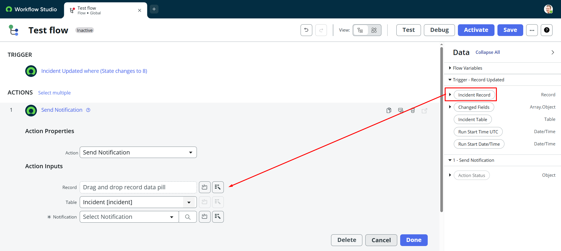 ServiceNow Flow Designer interface with a newly added action, and a highlighted Data Pill.