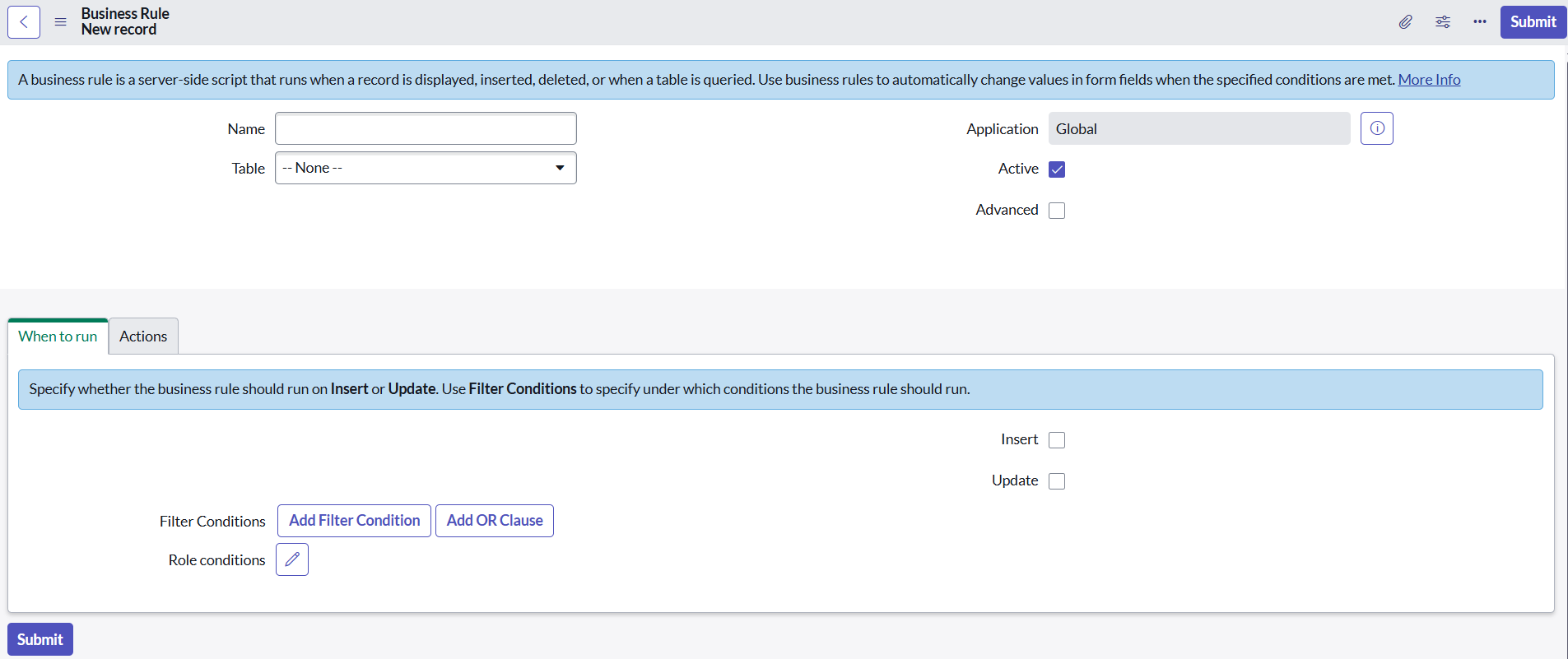The “New Business Rule” form in ServiceNow, with fields for setting the table, conditions, and server-side scripting.