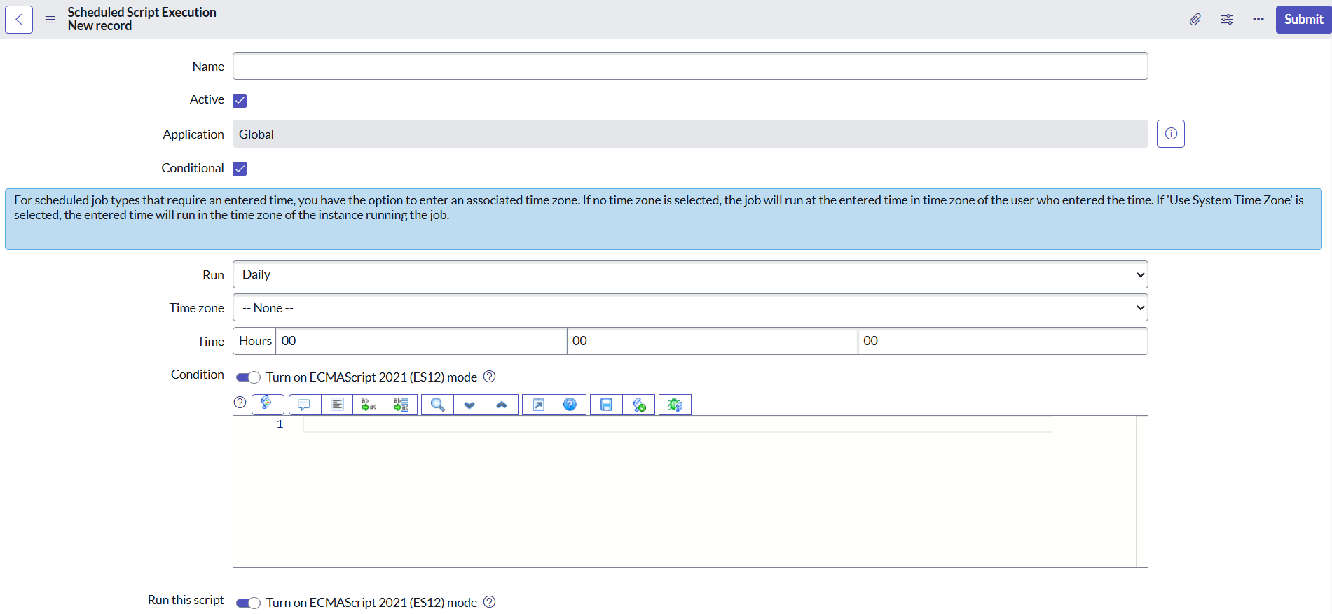Form for creating a Scheduled Script Execution in ServiceNow with script logic and time-based execution fields.