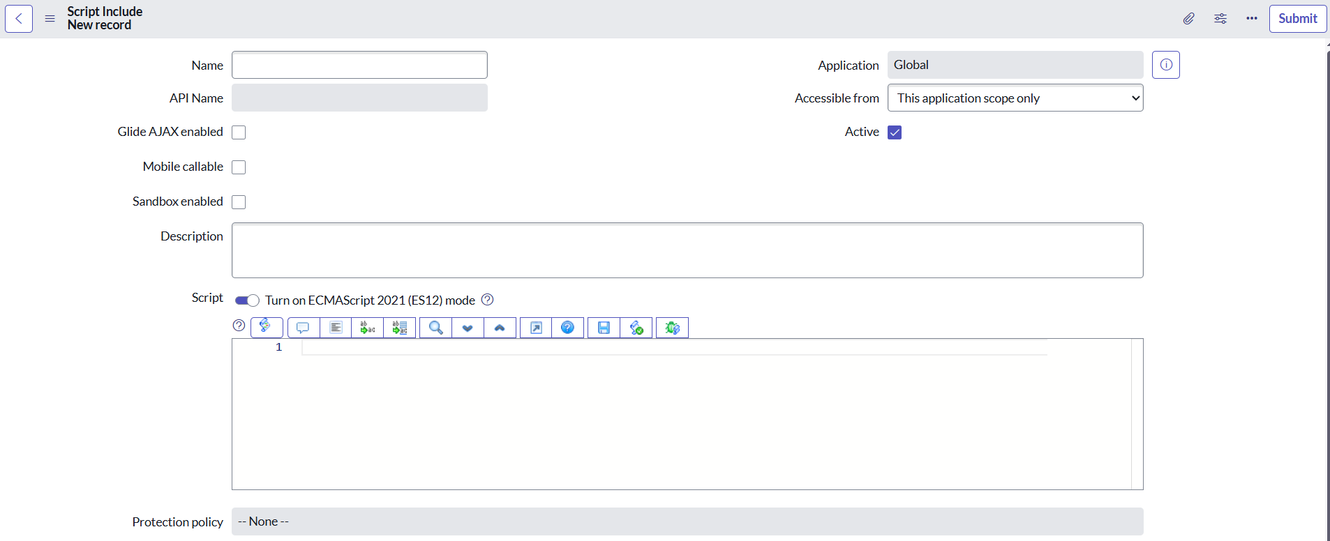 ServiceNow interface for creating a Script Include, with script editor and access configuration options.