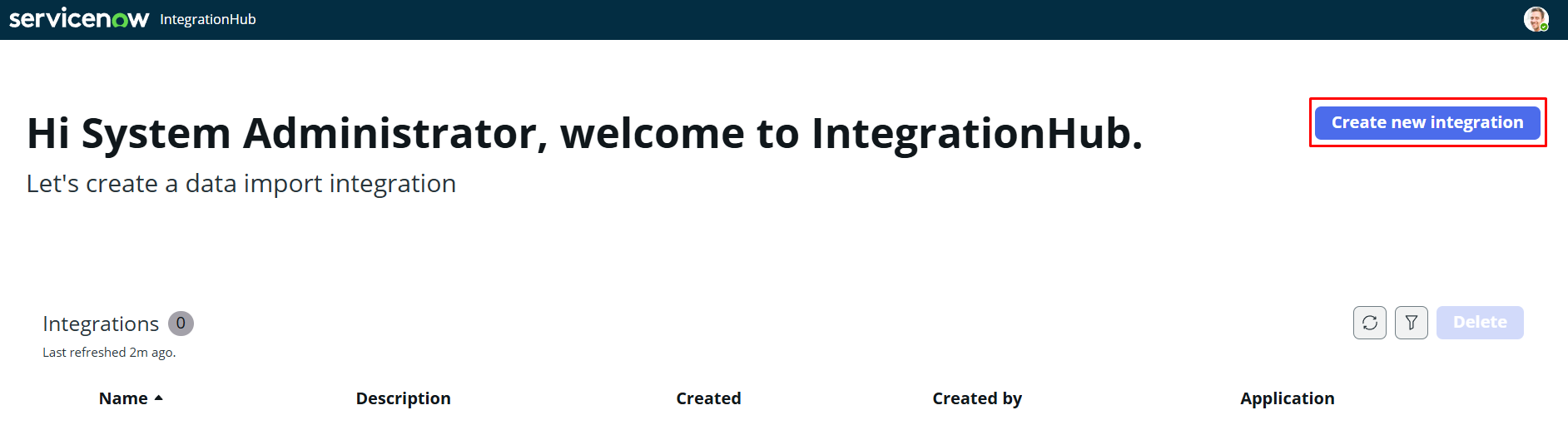 ServiceNow IntegrationHub tab with the Create new integration highlighted.