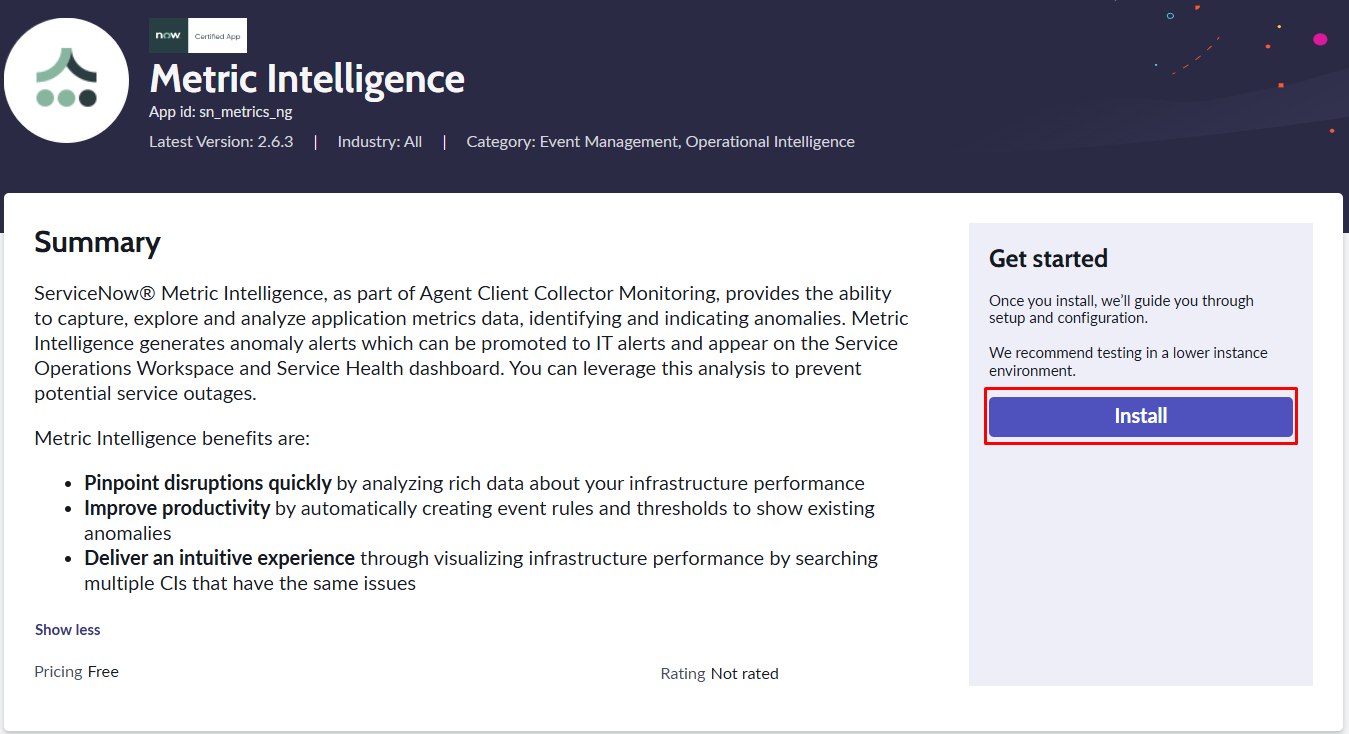 Metric Intelligence plugin interface in ServiceNow AIOps with feature details and an install button.