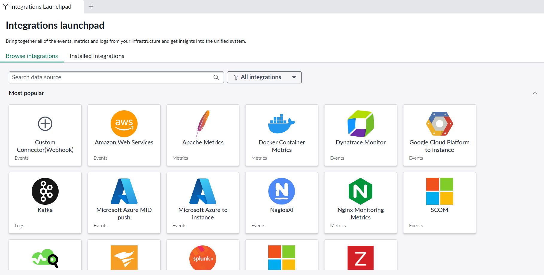 ServiceNow AIOps Integration Launchpad with commonly used integration icons.