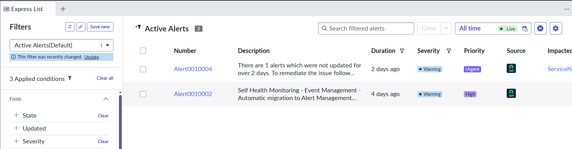 Express List page on the Service Operations Workspace showing the Active Alerts.