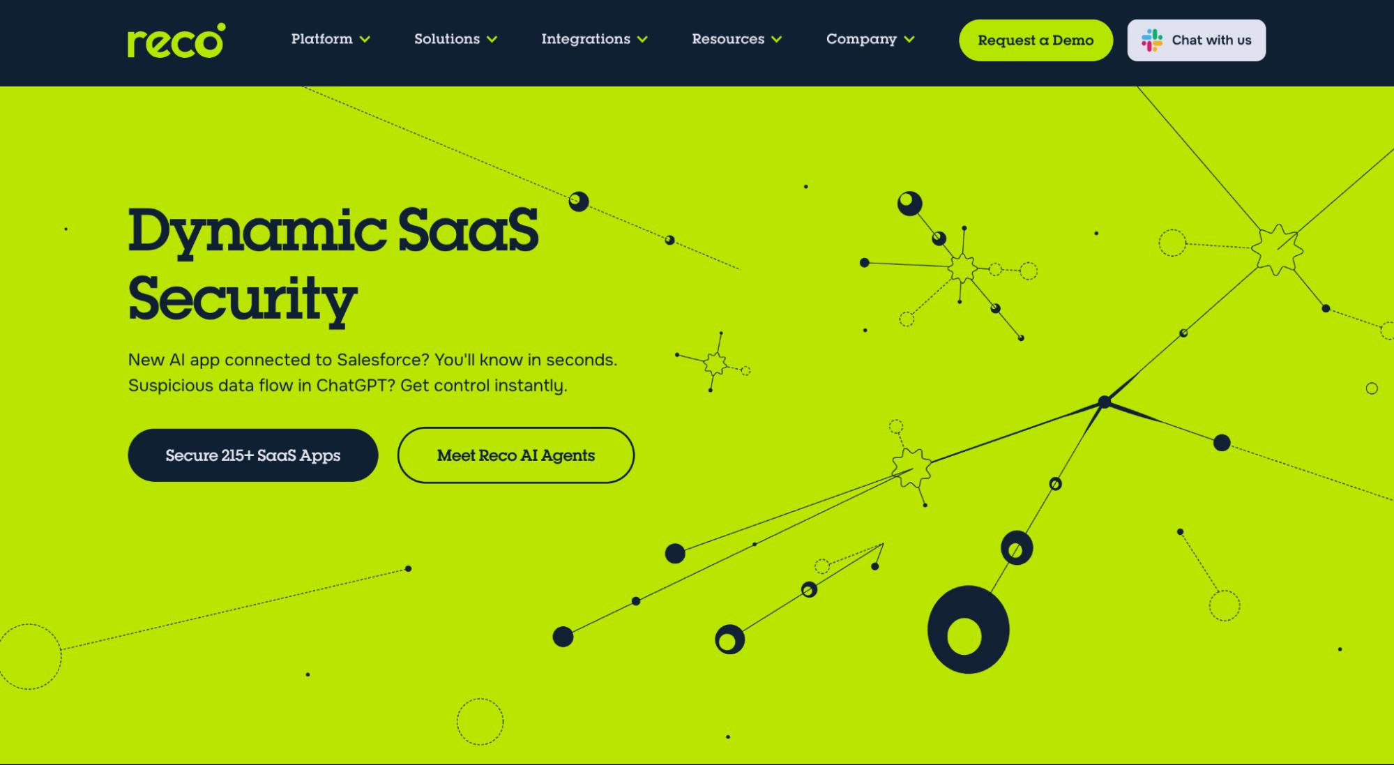 Reco website with tagline Dynamic SaaS Security, offering AI-powered protection for 215+ SaaS apps and Reco AI Agents.