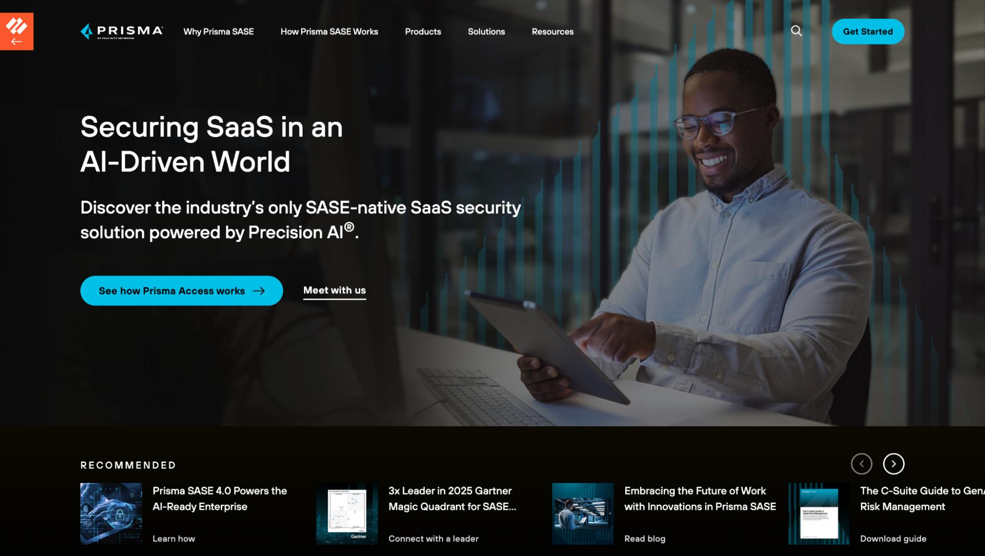 Palo Alto's website highlighting AI-driven SaaS security with Precision AI.