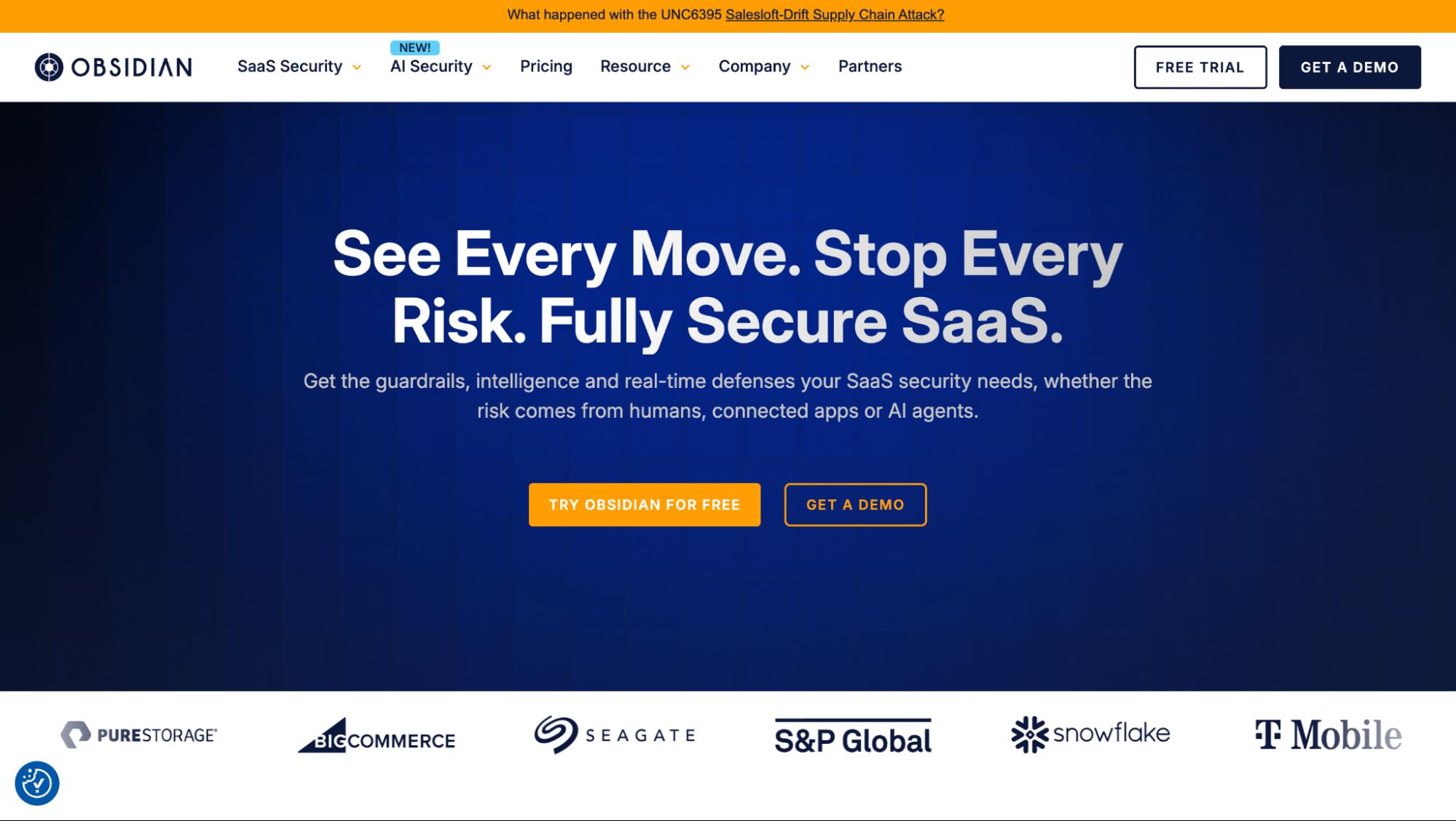 Obsidian website promoting SaaS security with tagline 'See Every Move. Stop Every Risk.'