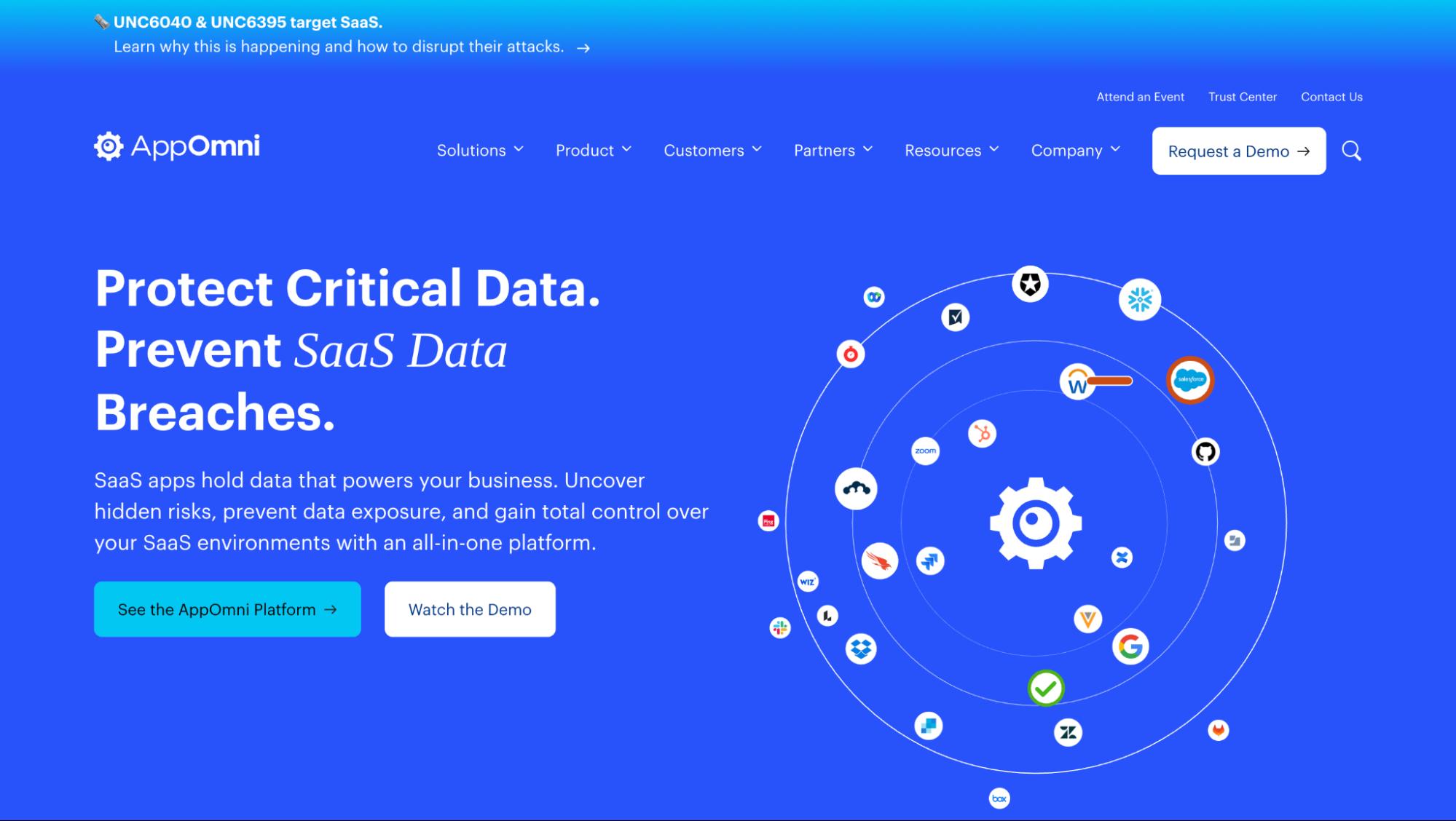 AppOmni website highlighting SaaS data protection with tagline 'Protect Critical Data. Prevent SaaS Data Breaches.'