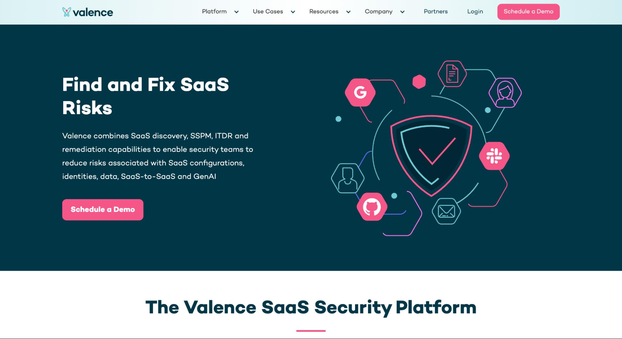Valence website showcasing SaaS security platform with tagline 'Find and Fix SaaS Risks.'