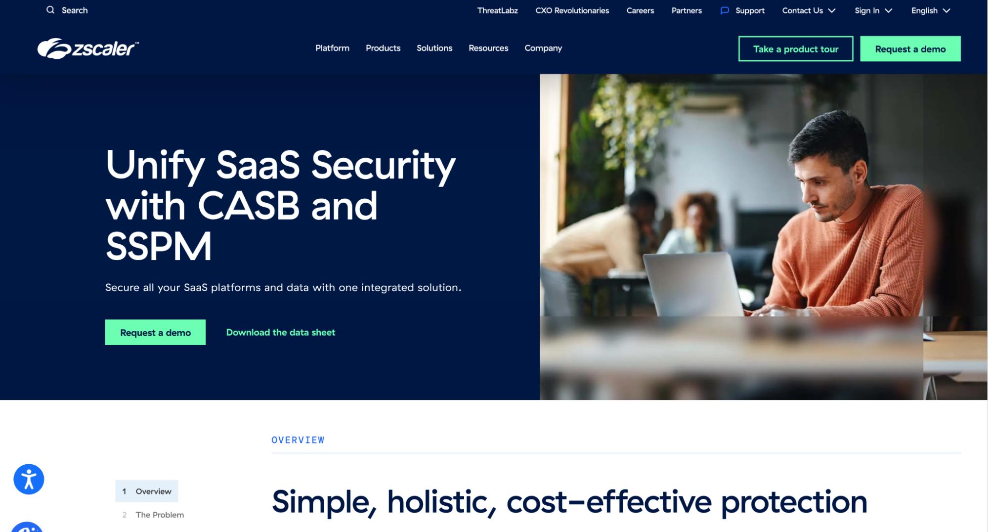 Zscaler website promoting SaaS security with CASB and SSPM integration.