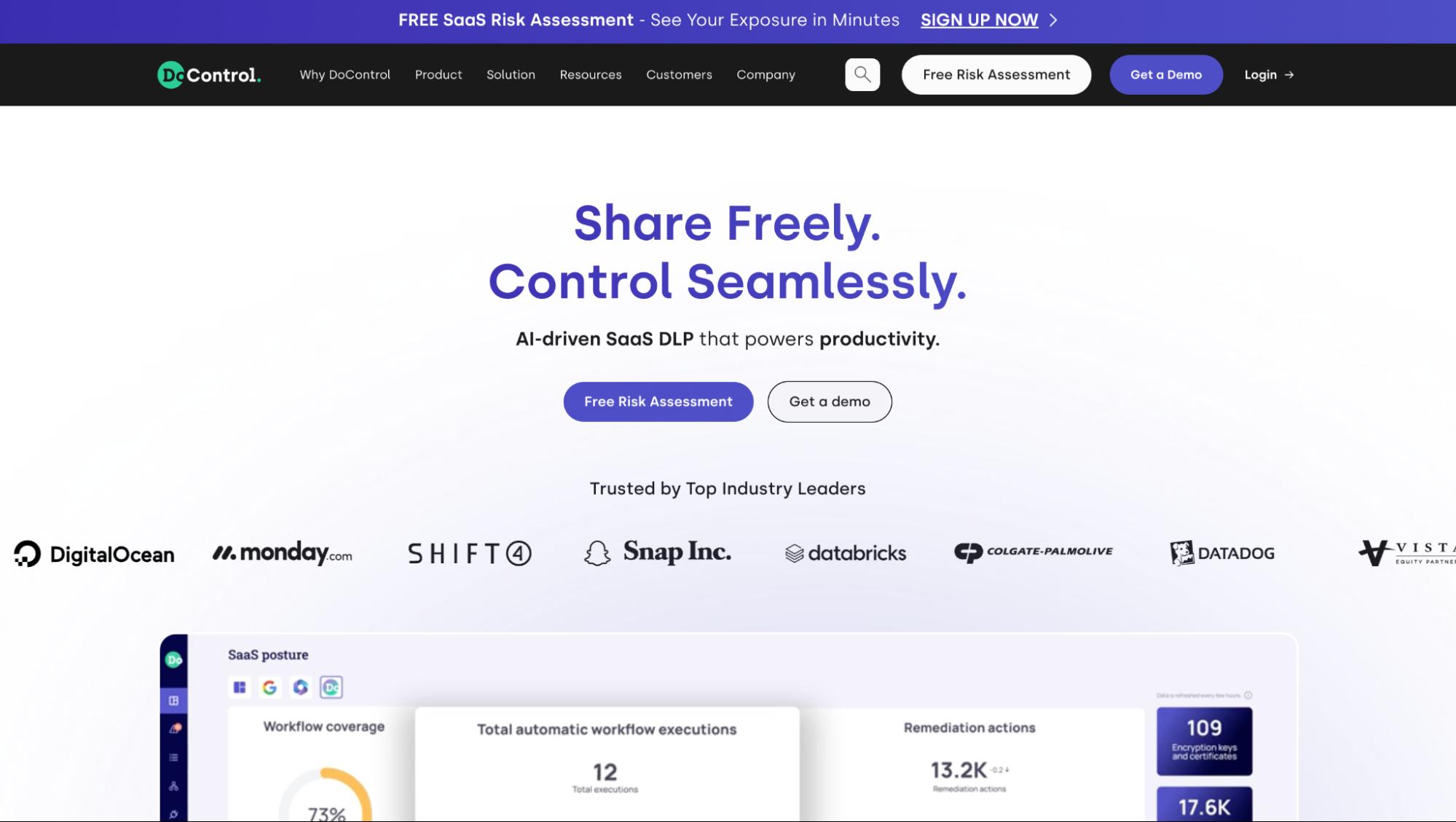 DoControl website promoting AI-driven SaaS DLP with tagline 'Share Freely. Control Seamlessly.'