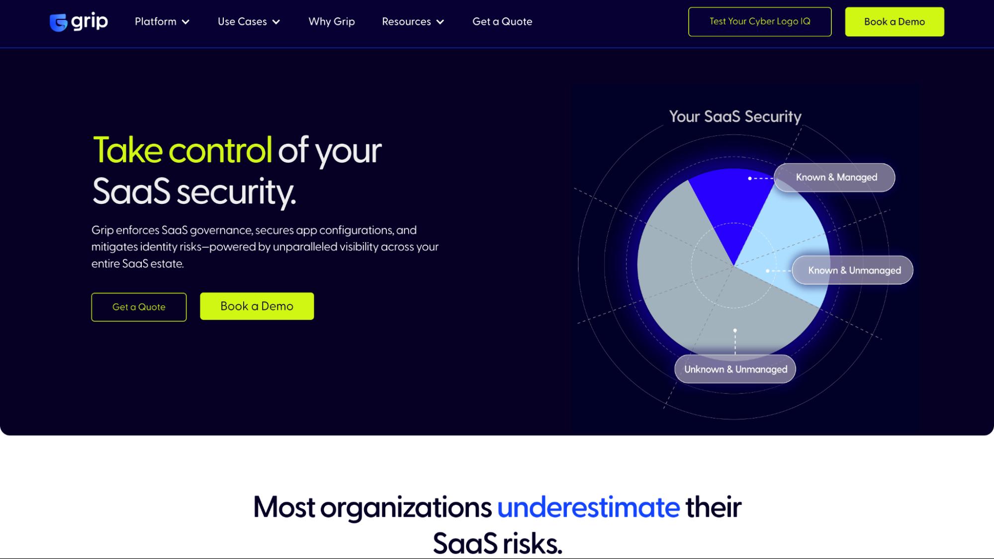 Grip website highlighting SaaS security with tagline 'Take control of your SaaS security.'