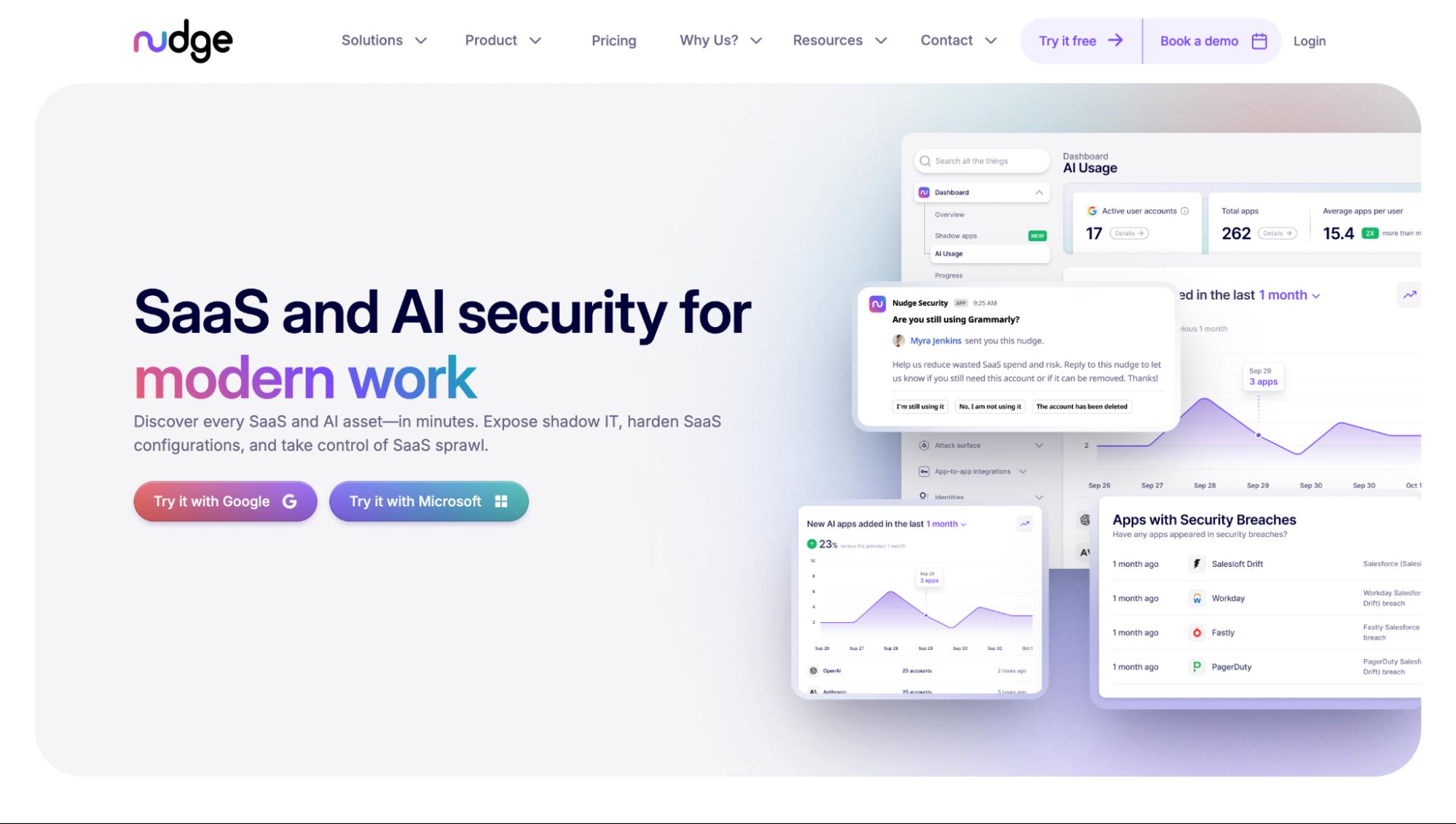 Nudge website promoting SaaS and AI security for modern work with dashboards showing AI usage, app breaches, and integration options with Google or Microsoft.