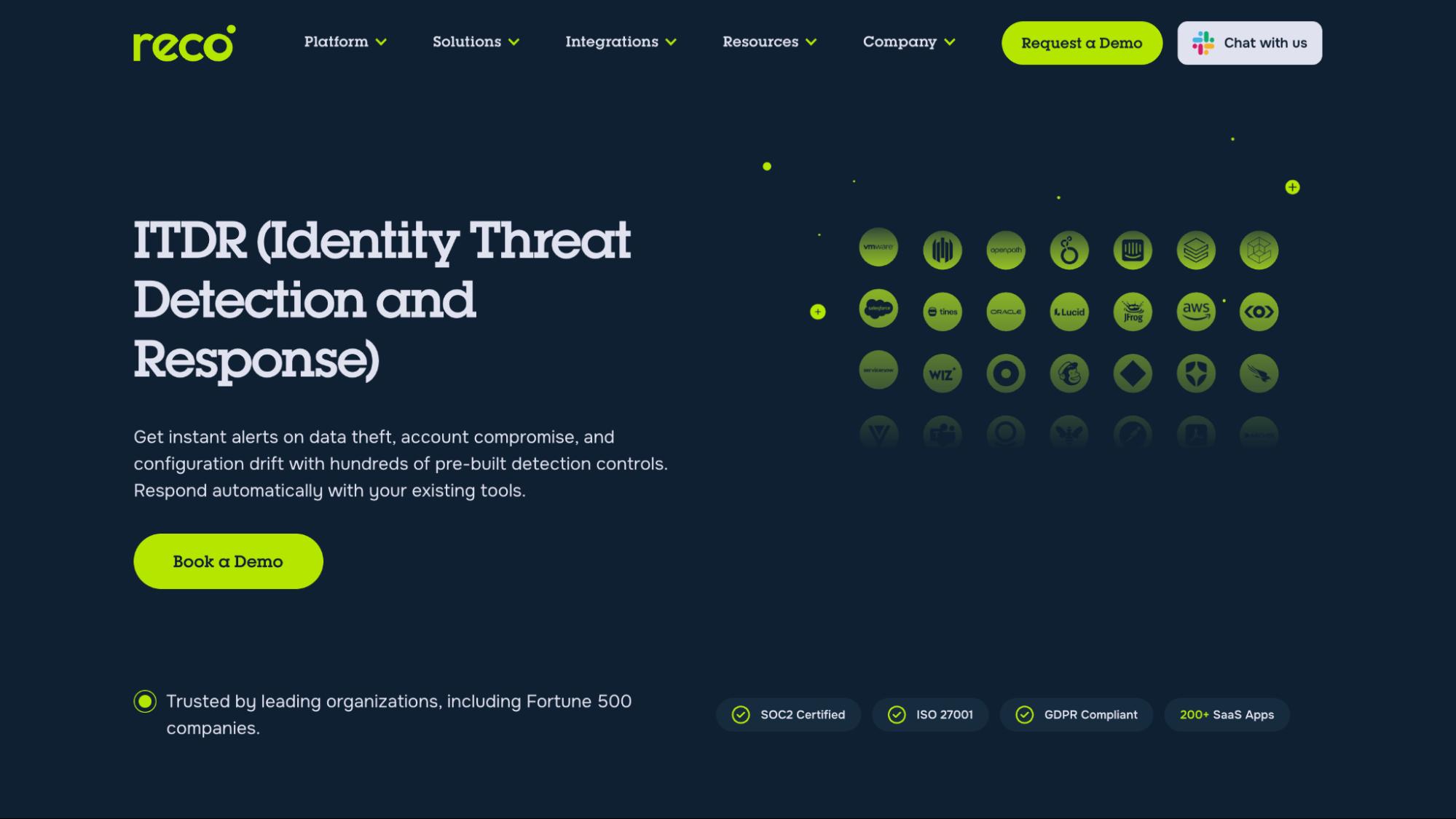 Reco ITDR webpage highlighting identity threat detection, response features, demo request, trusted partners, and compliance certifications.
