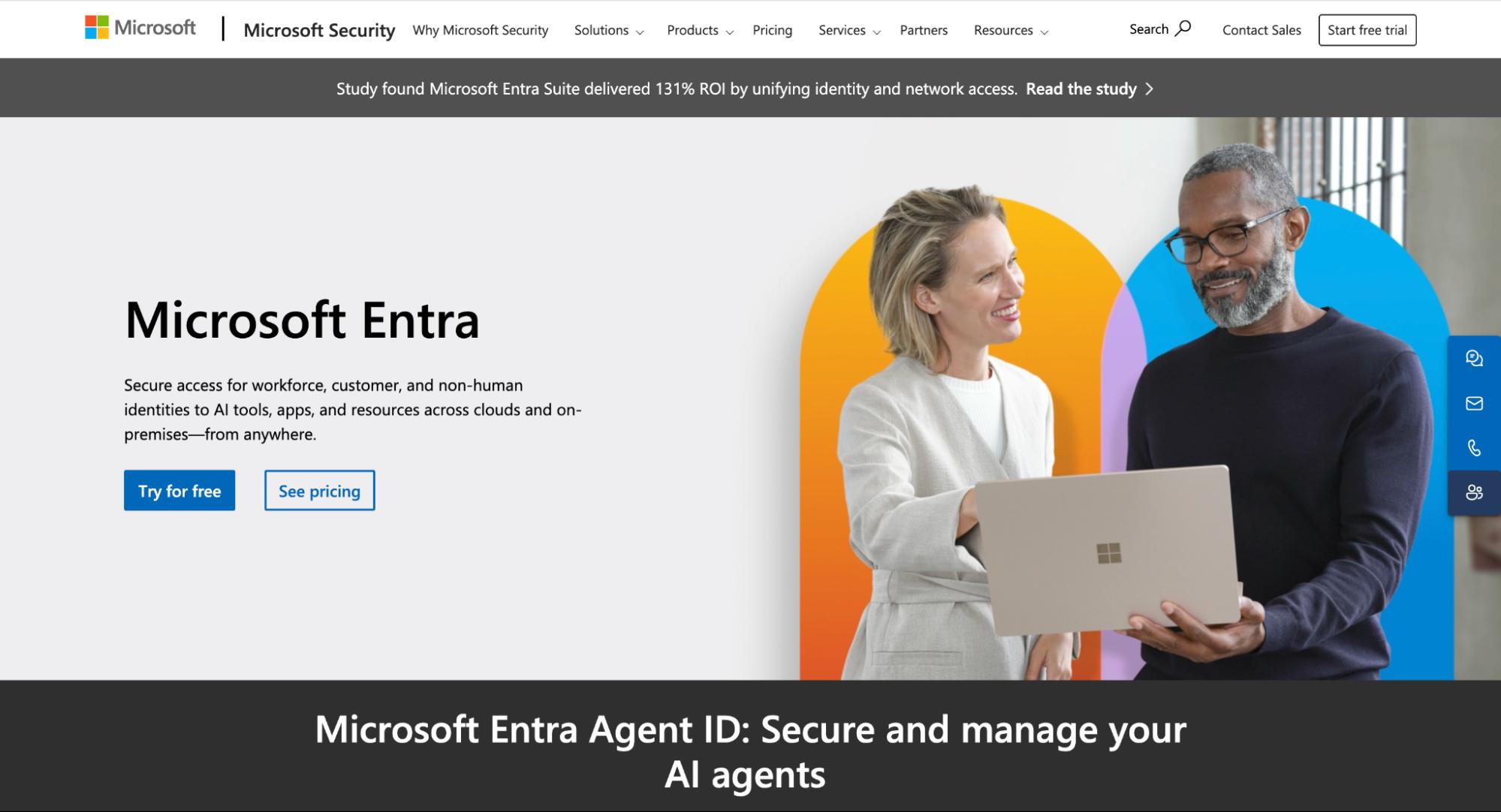 Microsoft Entra webpage promoting secure identity access for workforce, customers, and AI agents with trial, pricing options, and Entra Agent ID.