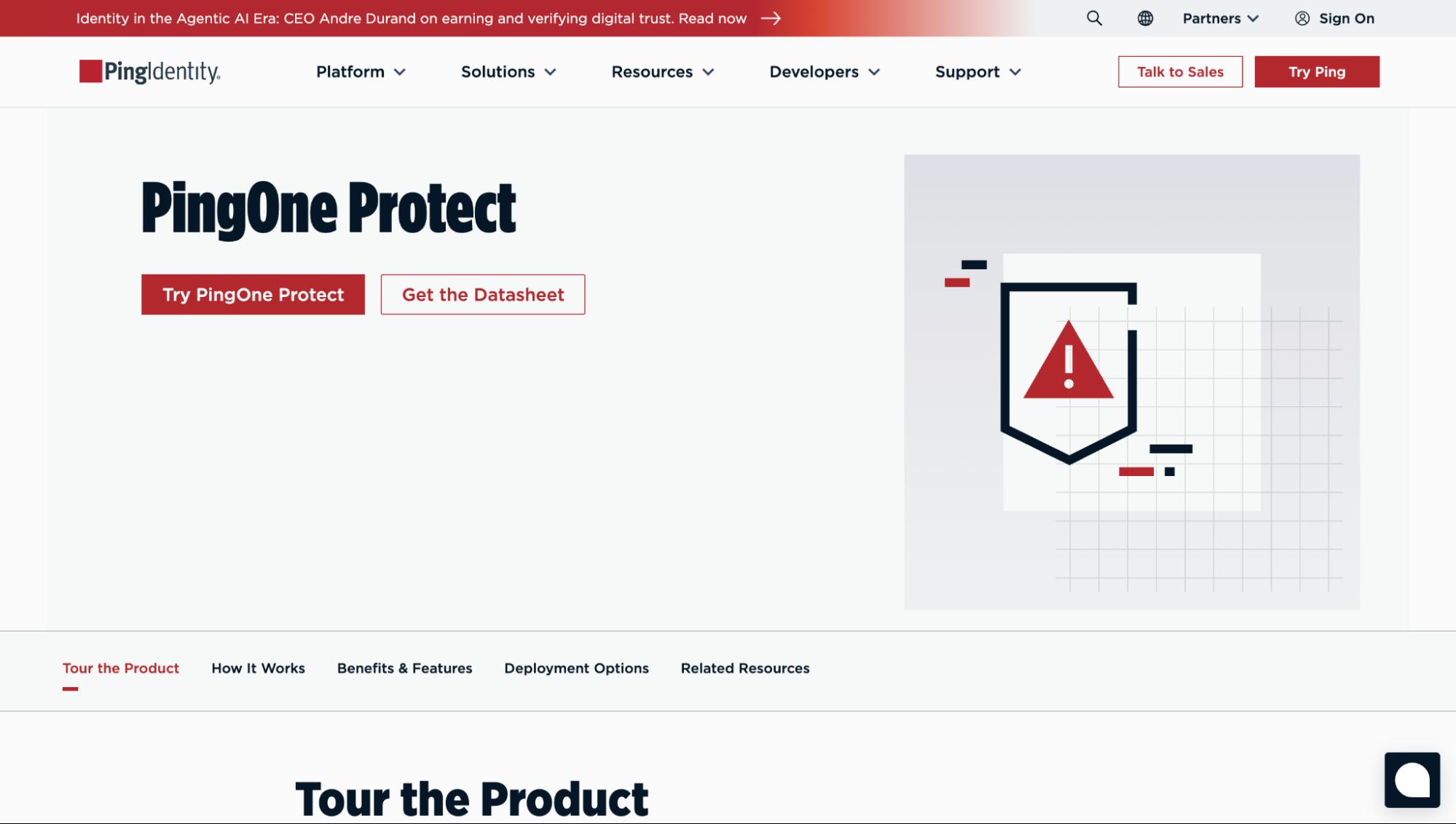 Ping Identity webpage featuring PingOne Protect with options to try the product, view datasheet, sales contact, and product tour details.