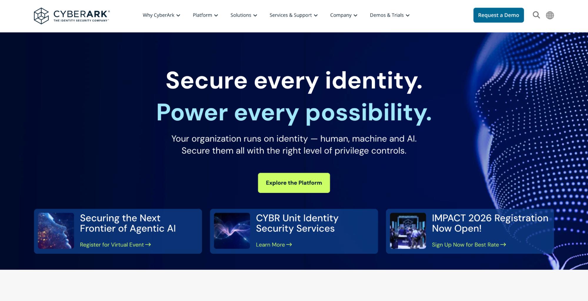 CyberArk webpage with tagline 'Secure every identity, power every possibility,' highlighting identity security platform, services, and virtual event registration.