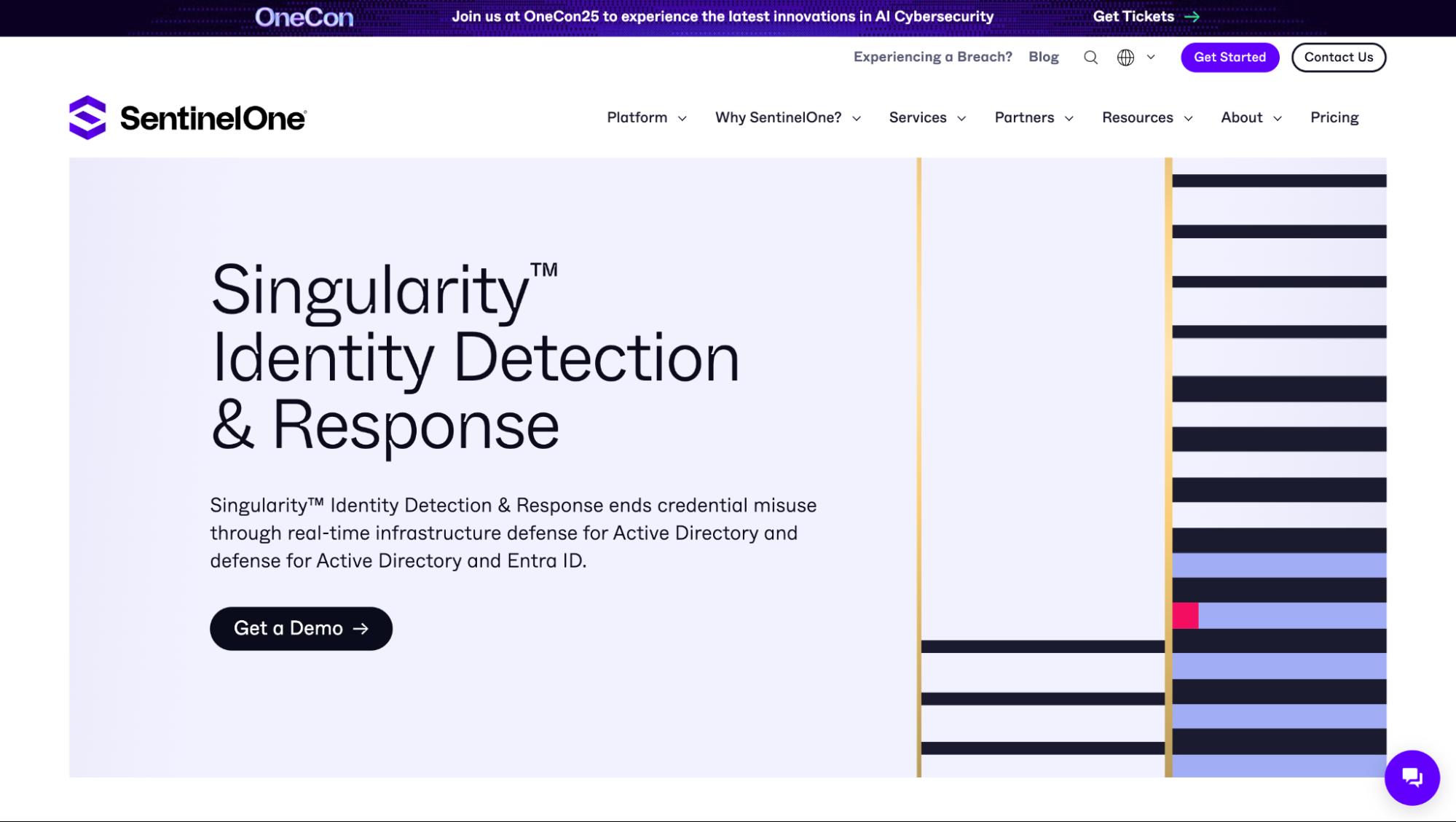SentinelOne webpage for Singularity Identity Detection & Response, highlighting real-time defense for Active Directory and Entra ID with demo option.
