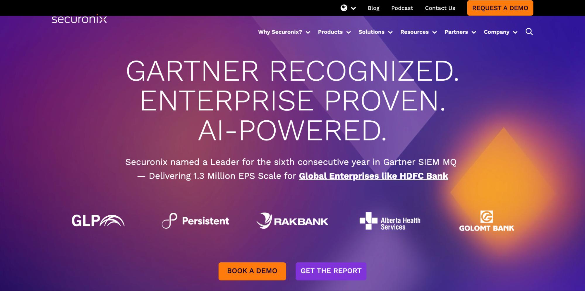 Securonix website homepage with slogan “Gartner Recognized. Enterprise Proven. AI-Powered.”