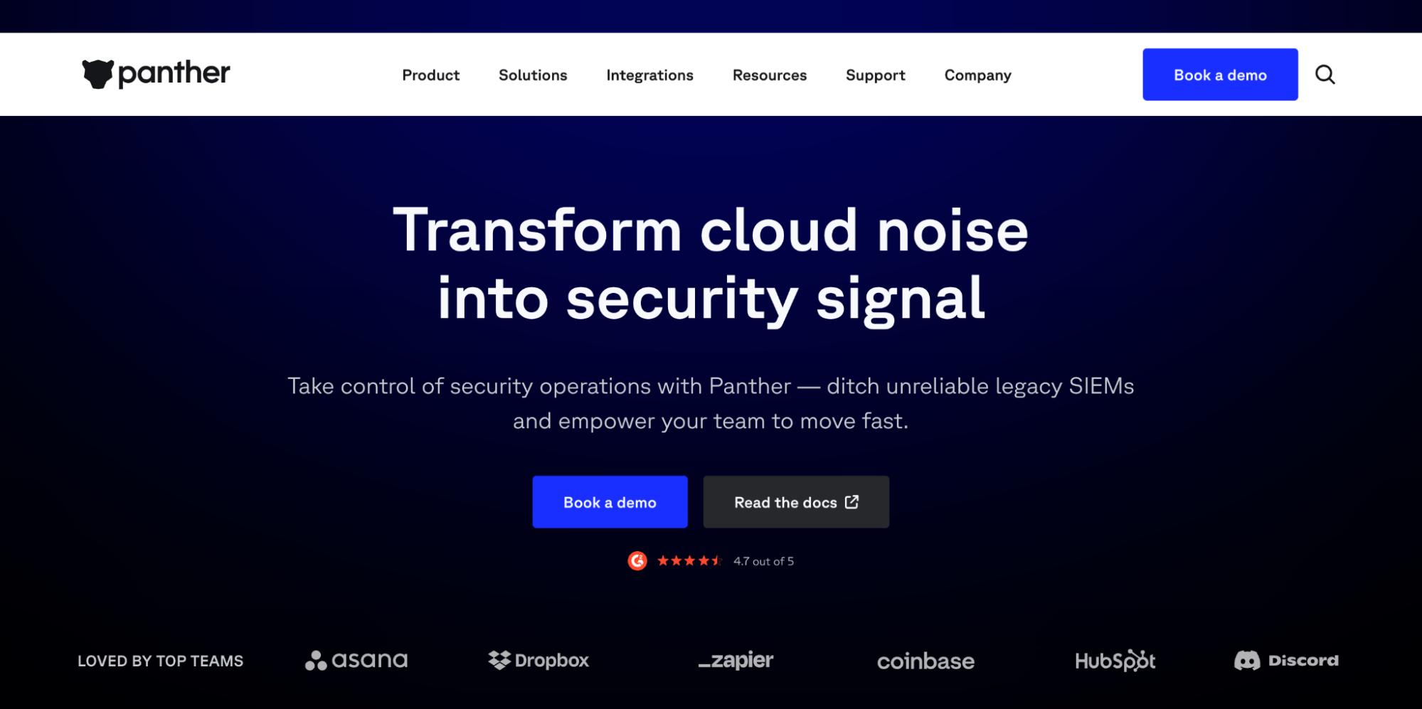 Panther website homepage with slogan “Transform cloud noise into security signal”