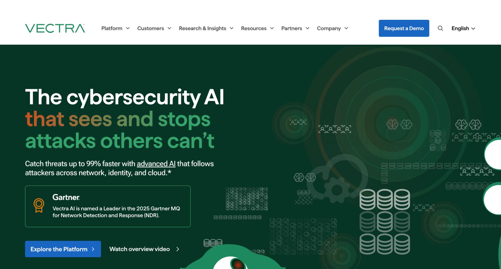 Vectra AI website homepage with slogan “The cybersecurity AI that sees and stops attacks others can’t”