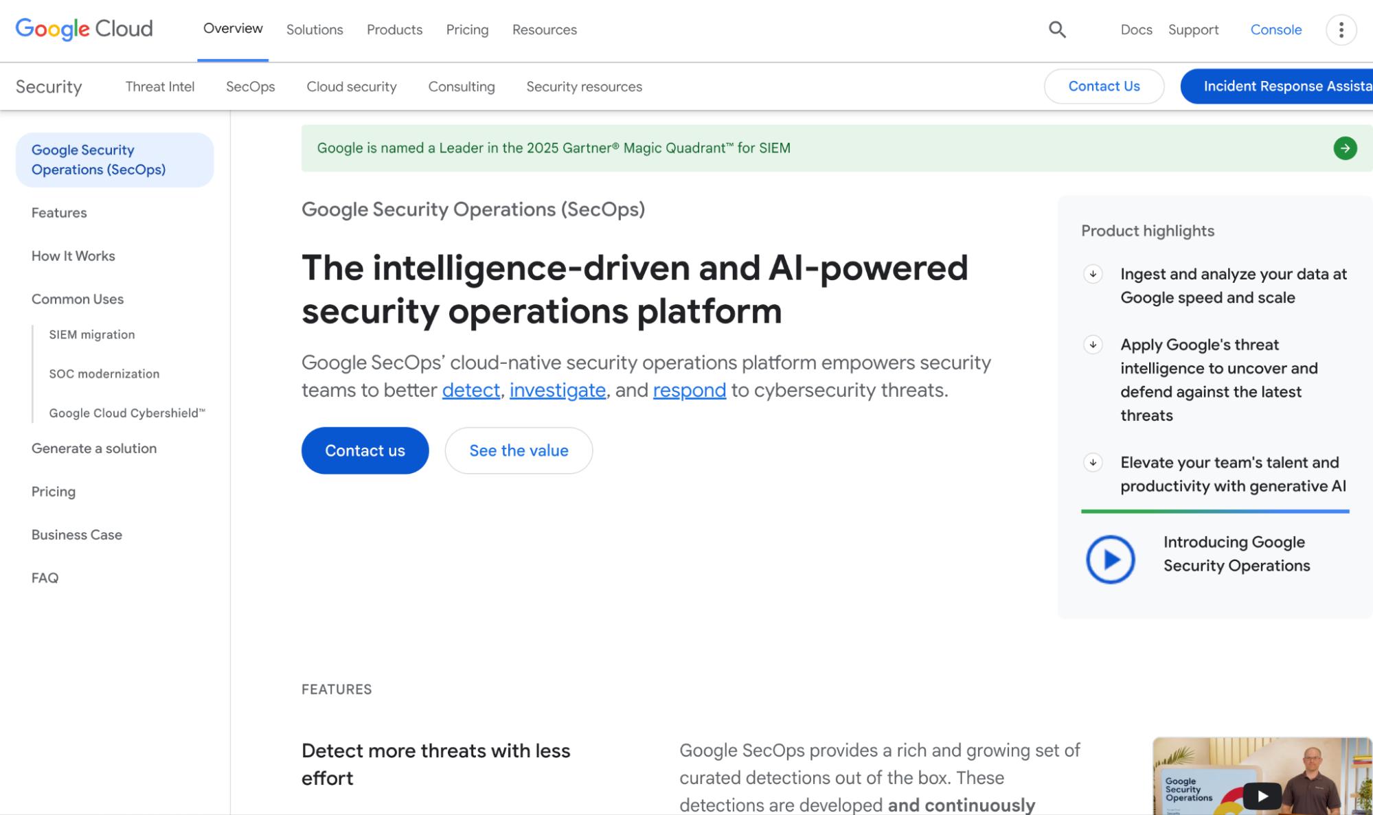 Google Cloud Security Operations page showing headline “AI-powered security operations platform”