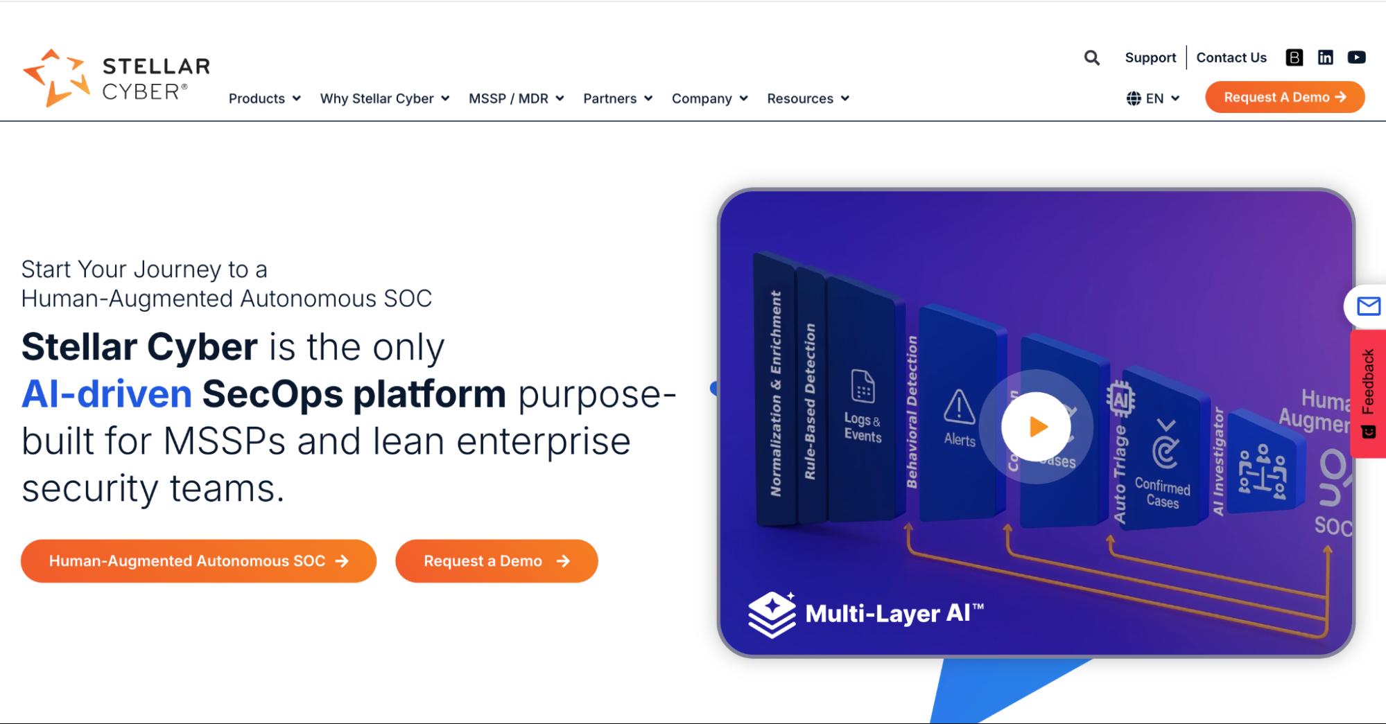 Stellar Cyber website showing headline “AI-driven SecOps platform”