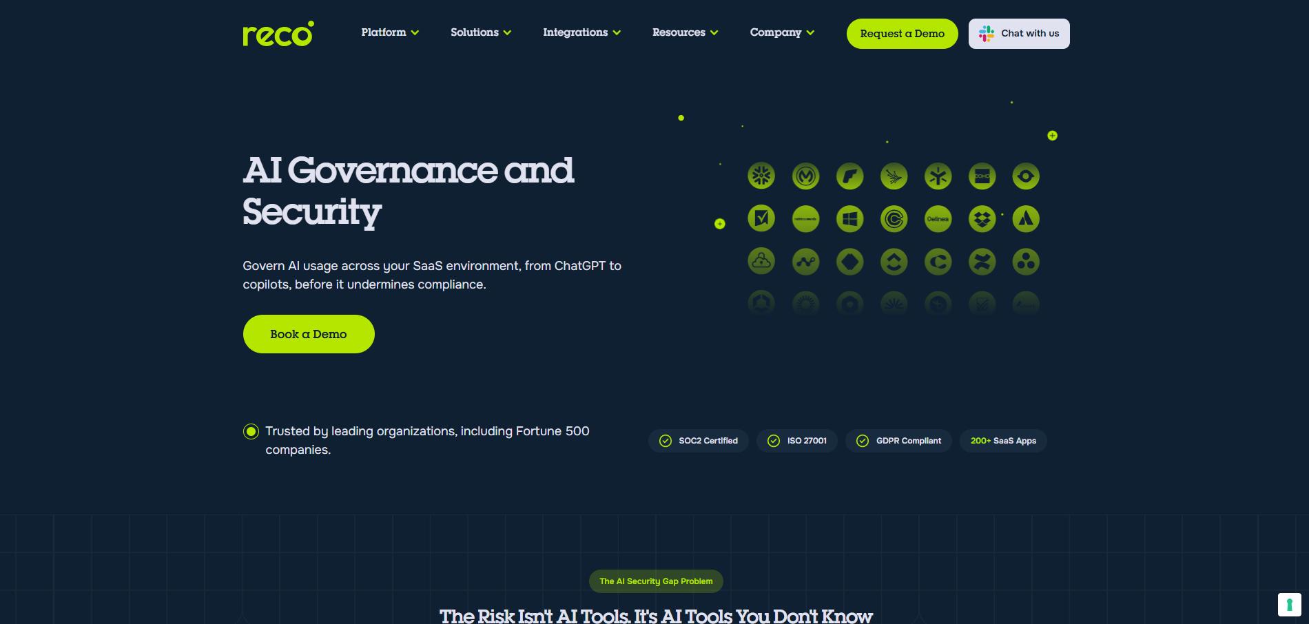 Reco website hero section showing AI Governance and Security headline
