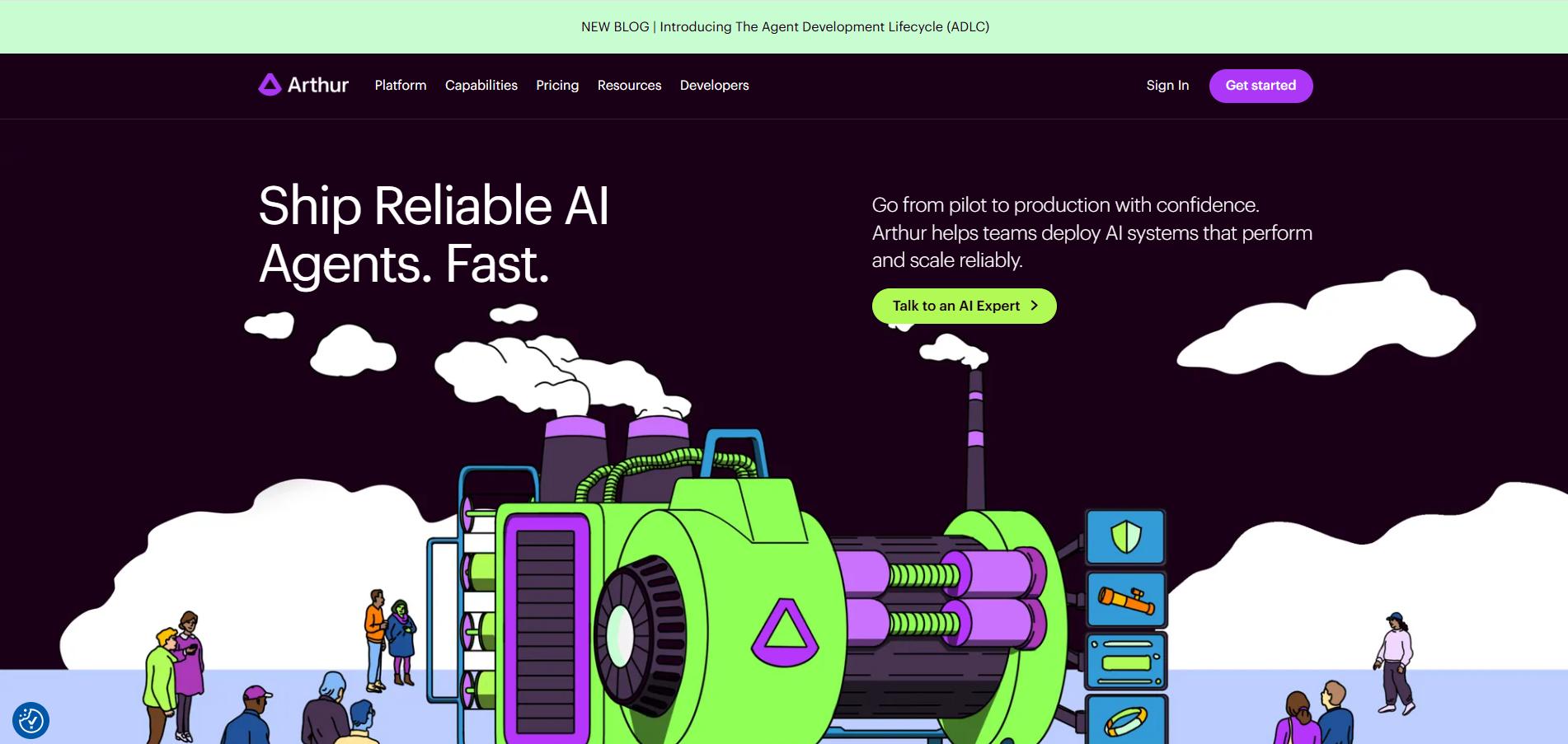 Arthur website hero showing ‘Ship Reliable AI Agents. Fast.’