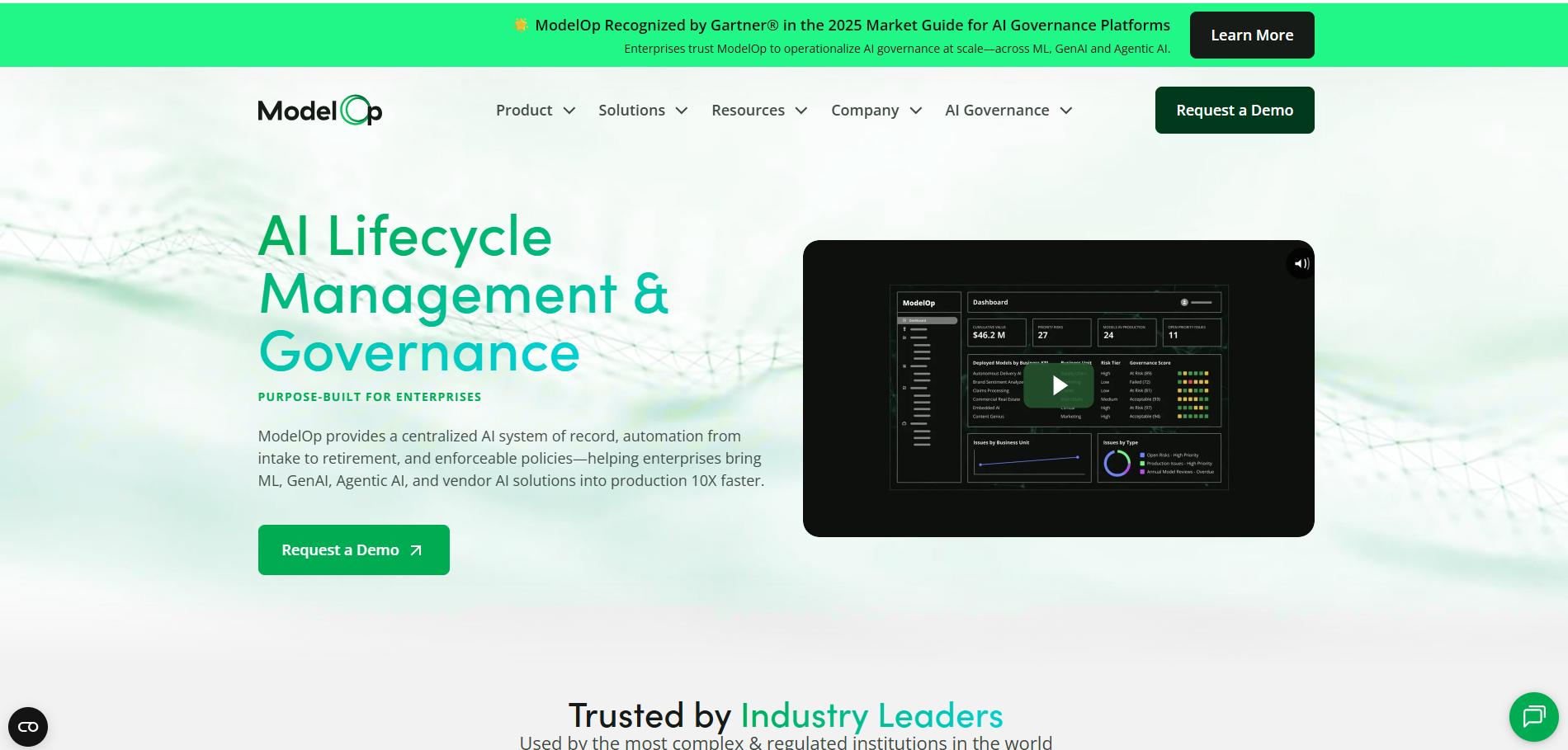 ModelOp website hero showing ‘AI Lifecycle Management & Governance’